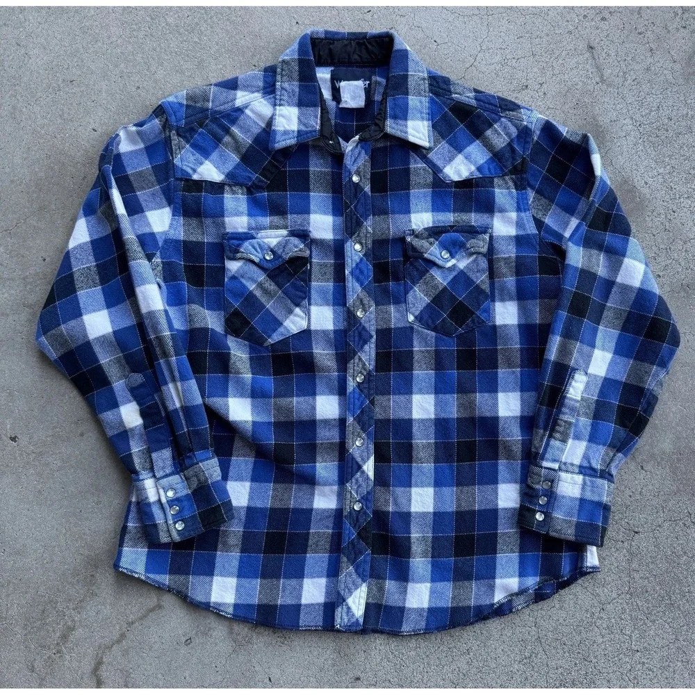 Vintage 90s Wrangler Cotton Flannel Pearl Snap Blue White Medium Plaid